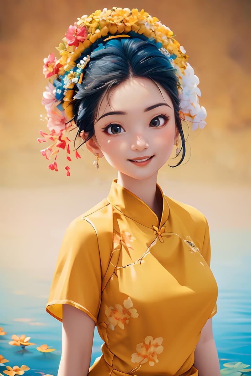 406354-1952961211-1 girl, smile, xunpu, chinese clothes, yellow dress, flower print, hair flower_blue, lake, floral , ((floral background))_lora_X.png